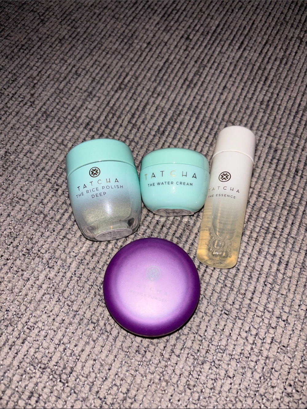 Tatcha 4-Piece Skincare Set – Rice Polish Deep, Water Cream, Essence & Silk Powd